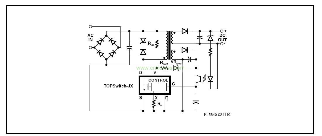 圖 1. 具有初級(jí)檢測(cè)的輸出過壓保護(hù)、輸入欠壓鎖存、輸入過壓關(guān)斷及可設(shè)定流限值功能的典型TOPSwitch-JX反激式電源