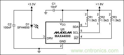 圖2：MAX44000典型電路，帶有發(fā)射器旁路