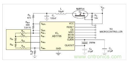 圖1：測量電路測三個點(diǎn)的值，微控制器就可以計算出傳感器值。