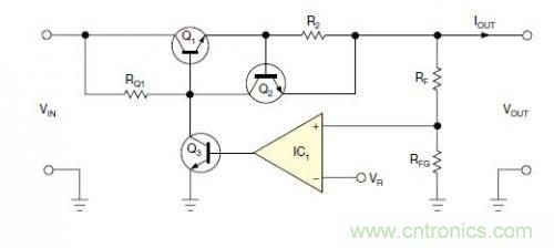 圖1：一個(gè)標(biāo)準(zhǔn)的線性穩(wěn)壓器直接將反饋連接到串聯(lián)導(dǎo)通晶體管上。