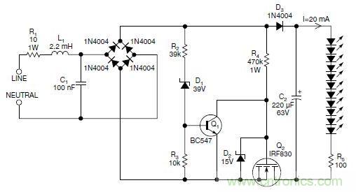 圖2：斬波工作類似圖1中的電路，但以較大的LED串聯(lián)電阻代替了恒流源，提供限流功能