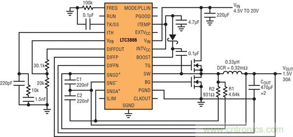 圖2：以非常低的DCR完成采樣的高效率、1.5V/30A降壓型轉(zhuǎn)換器