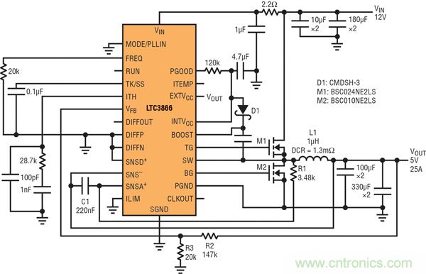 圖9：高效率電源，12V輸入至5V/25A輸出