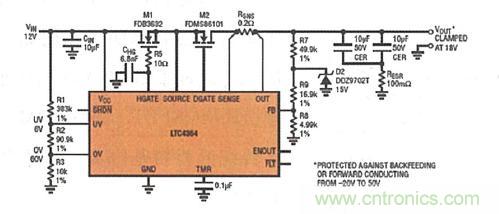 圖8：LTC4364 提供了針對(duì)過壓、短路或反向電壓的內(nèi)置輸出端口保護(hù)功能