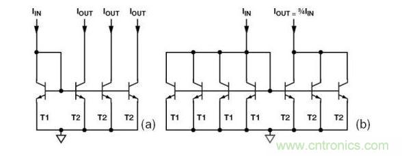 （a） 多級(jí)電流鏡 （b） 非整數(shù)比例電流鏡可將3個(gè)T2集電極結(jié)合起來(lái)，得到3IIN