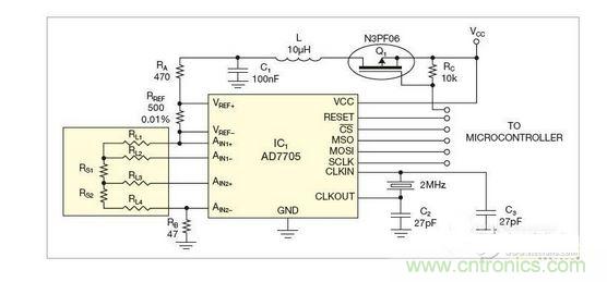 測(cè)量電路測(cè)三個(gè)點(diǎn)的值，微控制器就可以計(jì)算出傳感器值