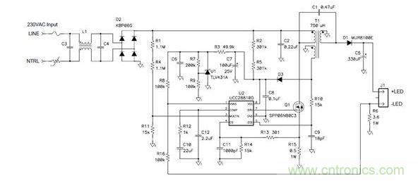 該拓撲不僅可提供良好功率因數(shù)，而且還符合EN61000-3-2C類標準