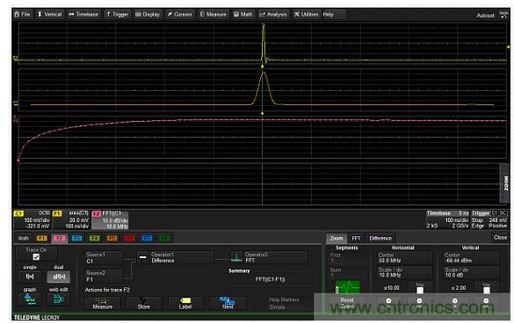 從輸入信號(hào)(C1，頂部曲線)中減去低通濾波后的波形(中間F1曲線)形成的信號(hào)就具有高通特性，如數(shù)學(xué)曲線F2(底部曲線)的頻譜所示