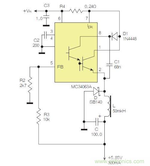 采用降壓配置中廣為使用的MC33063/MC34063的一個(gè)示例。