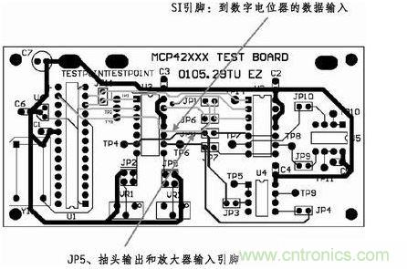 這是對圖2所示電路的第一次布線嘗試。此配置在模擬線路上產(chǎn)生不規(guī)律的噪聲，這是因?yàn)樵谔囟〝?shù)字走線上的數(shù)據(jù)輸入碼隨著數(shù)字電位器的編程需求而改變。