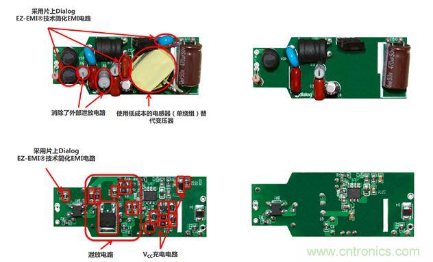 iW3688消除了20 多個外部元器件，降低BOM成本達(dá)20%~25%（左右分別為方案對比，上下為PCB正反面）
