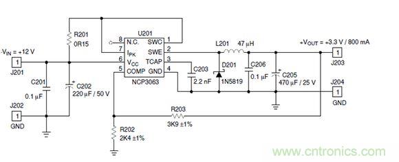Buck電路應(yīng)用實(shí)例-輸入9～12V，輸出3.3V 800mA電路