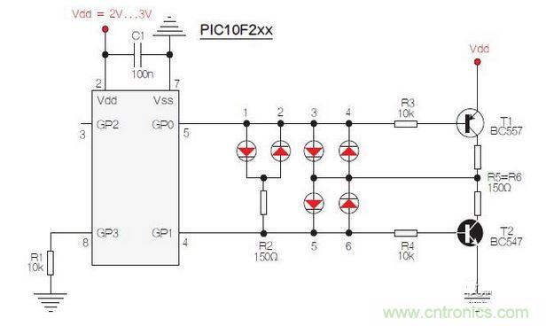 測試選擇PIC10F200，固件以兩個獨立、簡單的匯編程序源代碼的方式提供。