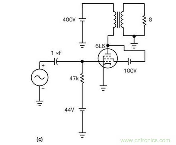 五極管（a）能輸出比三極管（b）大得多的功率，但采用升壓三極管配置除外（c）