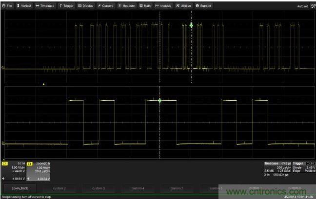 使用CustomDSO運行VB腳本&ldquo;zoom_Track.lss&rdquo;。當(dāng)腳本運行時，縮放波形的中心將跟蹤水平的光標(biāo)絕對位置。從圖中可以看出，光標(biāo)將永遠位于縮放波形Z1的中心