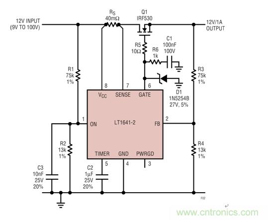 過(guò)壓瞬態(tài)保護(hù)器將輸出箝位在24V左右，如果輸入降至低于9V就斷接