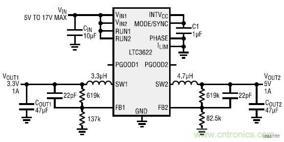 17V輸入、雙路1A輸出的同步降壓型穩(wěn)壓器