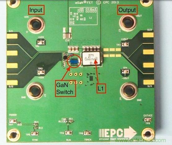 演示板用于顯示GaN的EMI。該GaN組件被圈定，我會(huì)在L1左側(cè)測(cè)量切換的波形。