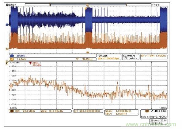 使用示波器模擬通道上的無(wú)源探針找出與射頻關(guān)聯(lián)的信號(hào)。