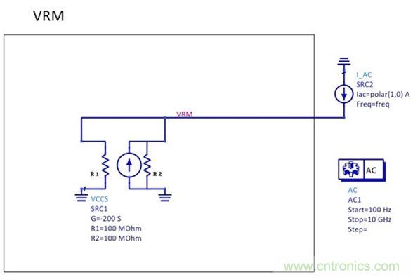 圖1:70A/V的跨導(dǎo)源與負反饋連接在一起(注意SRC1中的負號)。SRC2是一種交流信號，用于監(jiān)視與頻率有關(guān)的輸出阻抗。