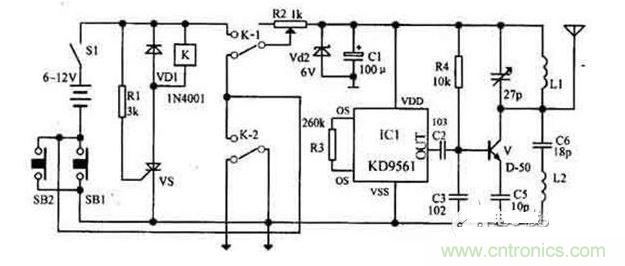 【導讀】隨著環(huán)保意識的增強，電動車已大量進入我們家庭，成為部分人必不可少的交通工具。如何防止電動車被盜則是車主十分關心的問題，為此，出現了各類電動車防盜鎖。除此之外呢？還有什么好的方法防盜呢？我們?yōu)榇蠹医榻B一款電動車防盜報警器電路圖。  各類電動車防盜鎖大量涌出，但是，電動車被盜現象仍層出不窮，較高級的電動車防盜鎖在短時間內難以破壞，盜賊便將電動車搬上其它車輛上盜走，這樣，再高級的防盜鎖也顯得無能為力了。鑒于此，我們?yōu)榇蠹医榻B一款電動車防盜報警器電路圖。 1 報警器發(fā)射機部分是由繼電器K和可控硅VS用來控制發(fā)射機電路的電源。IC1組成警聲信號電路。晶體管V及其外圍元件組成射頻振蕩電路，發(fā)射報警信號。  在等待狀態(tài)時，開關S1接通，而SB1斷開（即車頭鎖被鎖?。?，K就處在釋放狀態(tài)，報警發(fā)射機不工作。當車頭鎖被打開時（即SB1接通），VS被觸發(fā)導通，K吸合，接通發(fā)射機電源。SB1接通后，K-2的常開點將其自鎖，此時只有斷開S1報警方能結束。在K動作時，其常閉觸點K-l斷開，切斷發(fā)動機點火電路。  接收機電路由TDA7010和開關功放TWH8778、TWH68組成。當IC2 收到報警信號時其互腳的高電平通過IC3經IC4放大由TWH15放出報警聲。但要考慮到頻率的穩(wěn)定性，因為7010自身沒有頻率穩(wěn)定電路，在工作時要多作檢測，最好用印制板和貼片元件。  按上述操作方法停放車輛后，報警器即進入待報警狀態(tài)。在待報警期間，只要有人無論用什么方法打開車頭鎖或搬移車輛，都將觸發(fā)報警器報警不停，并切斷發(fā)動機電源使車輛無法起動，直至車主人趕來將點火鑰匙插入點火鎖內轉到關的位置，報警才能解除。