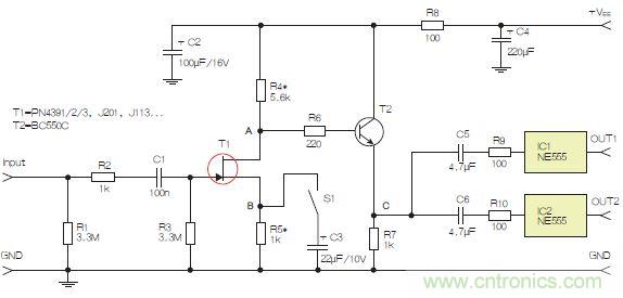 圖3：采用兩個(gè)工作在不同頻率下的555定時(shí)器電路，以獲取不同的音效。