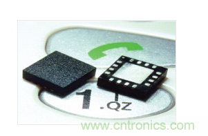  MEMS加速度計，封裝尺寸為4mm &times; 4mm &times; 1.45mm。