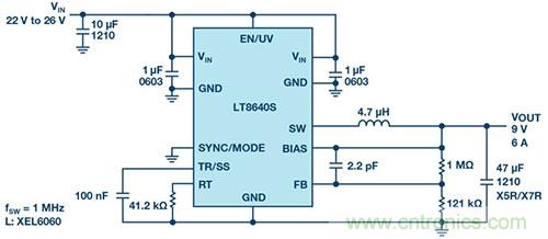 42 V、6 A（峰值7 A）、超低EMI輻射、高效率降壓型穩(wěn)壓器