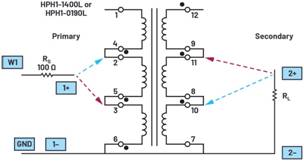   材料  ? ADALM2000主動(dòng)學(xué)習(xí)模塊 ? 無焊試驗(yàn)板和跳線套件 ? 一臺(tái)HPH1-1400L 6繞組變壓器 ? 一臺(tái)HPH1-0190L 6繞組變壓器 ? 兩個(gè)100 Ω電阻  說明  在無焊試驗(yàn)板上構(gòu)建圖2所示的電路。需要使用此設(shè)置來測量初級/次級匝數(shù)比為1:1的三種不同配置下，兩個(gè)變壓器型號(hào)各自的頻率響應(yīng)。兩個(gè)紅色箭頭表示在初級和次級使用同一個(gè)線圈的配置中連接源電阻和負(fù)載電阻的位置。藍(lán)色箭頭對應(yīng)的是在初級和次級使用兩個(gè)串聯(lián)線圈的配置。綠色箭頭對應(yīng)的是在初級和次級使用三個(gè)串聯(lián)線圈的配置。