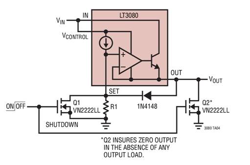 利用LT3080x電流源基準(zhǔn)線性穩(wěn)壓器停機 利用LT3080x電流源基準(zhǔn)線性穩(wěn)壓器停機