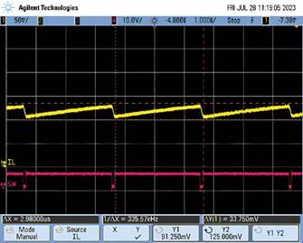  圖9.負載調(diào)整和折返頻率。隨著負載增大，頻率會折返以維持穩(wěn)定的輸出電壓。  在圖9中可以看到，隨著負載增加，器件頻率會折返以保持恒定的輸出電壓。器件在DCM下運行至約0.28 A，這就是頻率下降到約495 kHz然后又回升至657 kHz的原因。以657 kHz的頻率運行時，器件可以保持正常操作，直至負載達到0.7 A。此時頻率降低以保持適當?shù)妮敵鲭妷?，直至負載達到1.4 A左右。發(fā)生這種情況時，器件無法在保持輸出電壓的同時將頻率降低到100 kHz以下（該器件指定的最低反饋頻率），因此輸出電壓開始下降。  這個問題的解決辦法不像違反最小導通時間規(guī)范那么簡單。設計人員通常需要滿足特定的輸入電壓和輸出電壓要求，因此無法隨意更改占空比來延長關斷時間。如果設計人員可以提供更大的輸入電壓，則器件將以設定的頻率工作，因為較小占空比會防止器件違反最小關斷時間規(guī)范。這一點可以從圖10中看出，其中器件以設定的2 MHz頻率運行。
